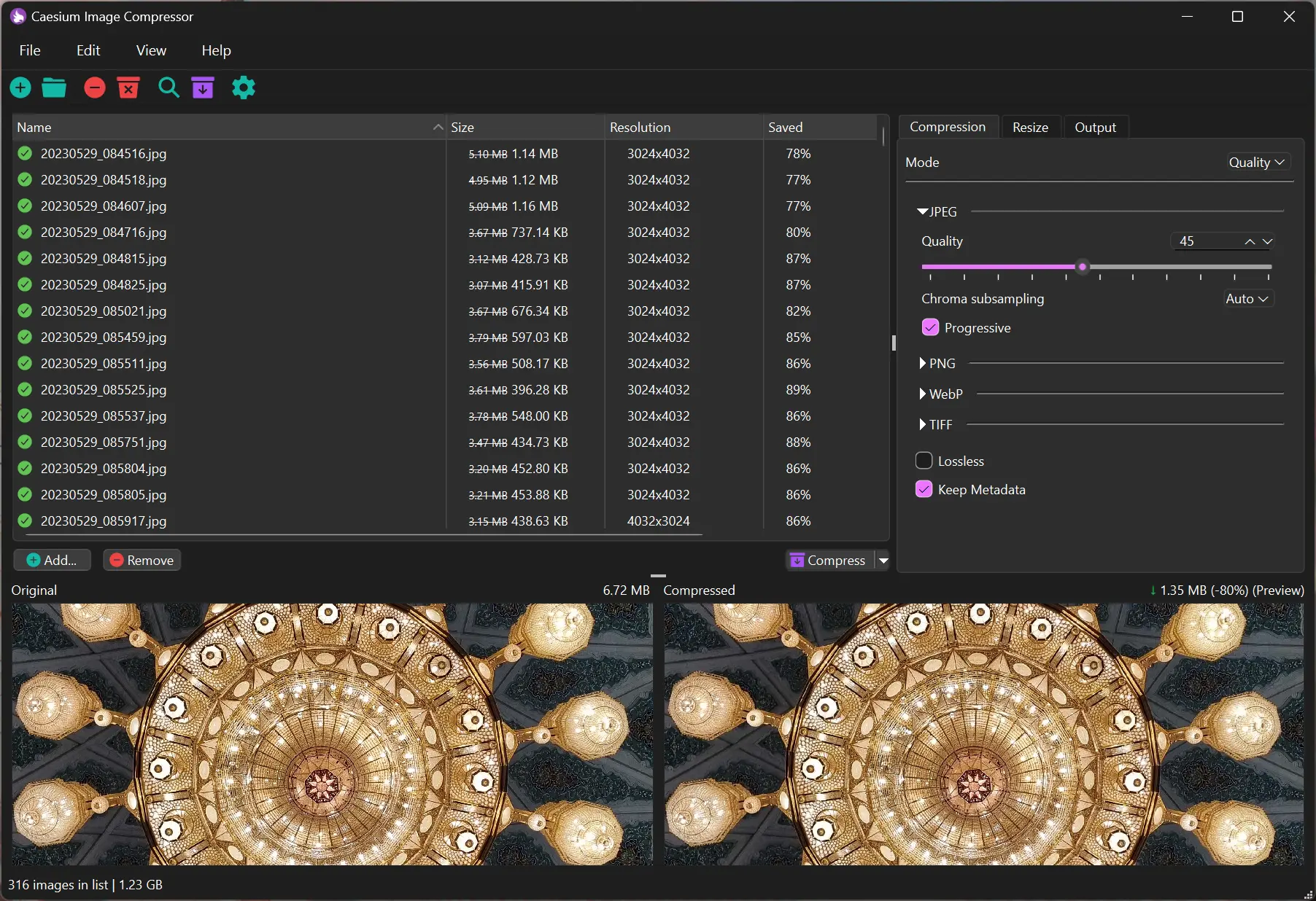 Caesium Image Compressor 的启动界面 | 功能完善 | 压缩前后对比